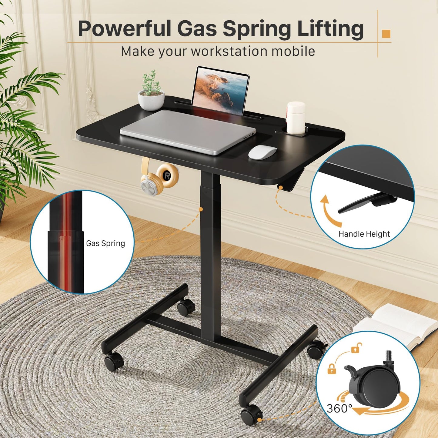 Liftsync Mobile Standing Desk, Rolling Laptop Cart Adjustable Height with Cup Holder, 28 inch Portable Table with 4 Lockable Wheels, Black Computer Workstation with Hook and Slots for Home Office