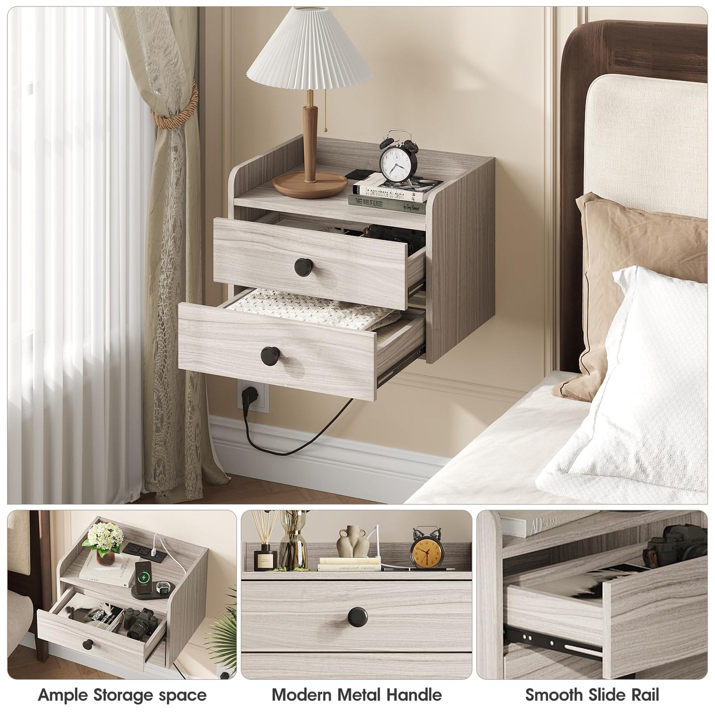 Floating Nightstand Set of 2 with 2 Storage Drawers and Charging Station Wood Wall Mounted Bedside End Table Modern Night Stands Set 2 for Bedroom,Small Space,Grey Black