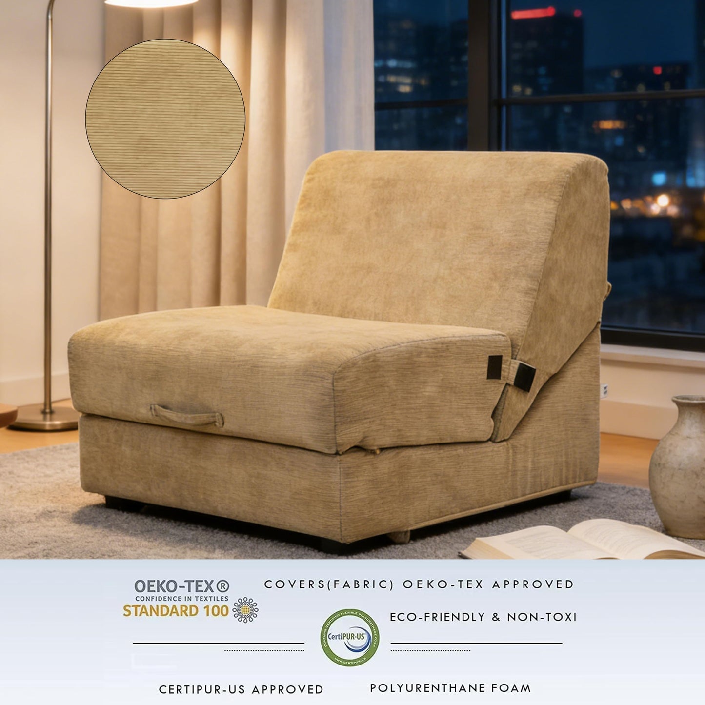 jela Luxury Corduroy Indoor Chaise Lounge, Foldable Sofa Bed Chair with Soft Foam & Machine Washable Cover (Corduroy Sand)