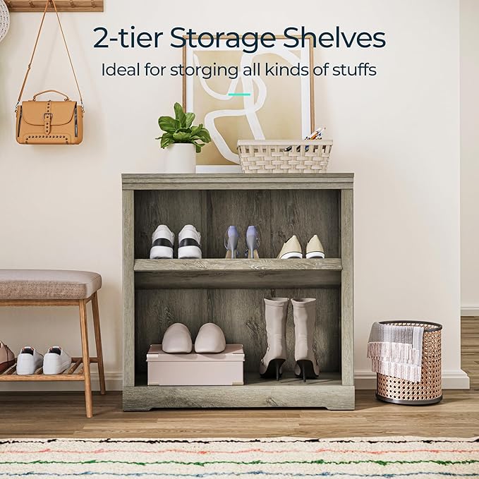 LINSY HOME 2-Tier Bookcase and Bookshelf, Small Wood Display Storage Shelves