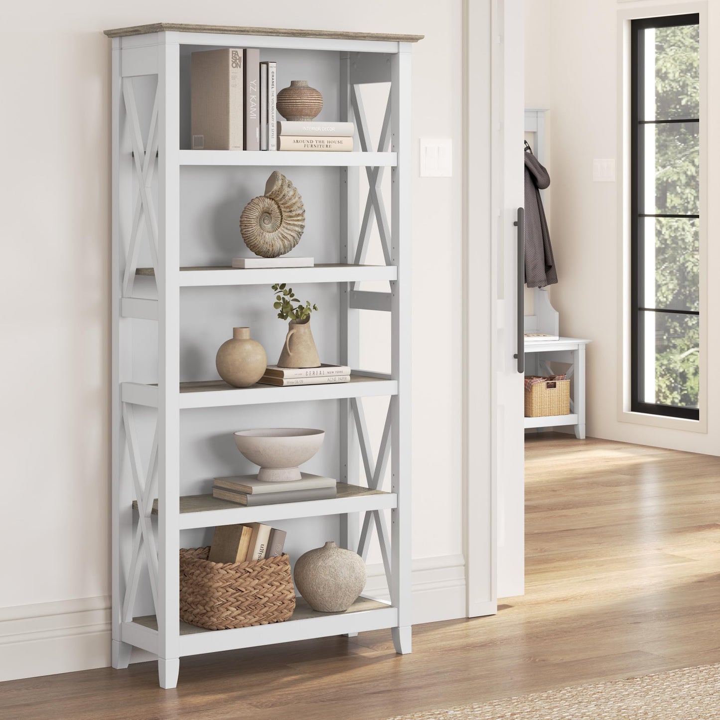 Bush Home Tall 5 Shelf Bookcase for Living Room or Home Office, Large Bookshelf, Modern Farmhouse Style, Key West Collection, Pure White and Shiplap Gray