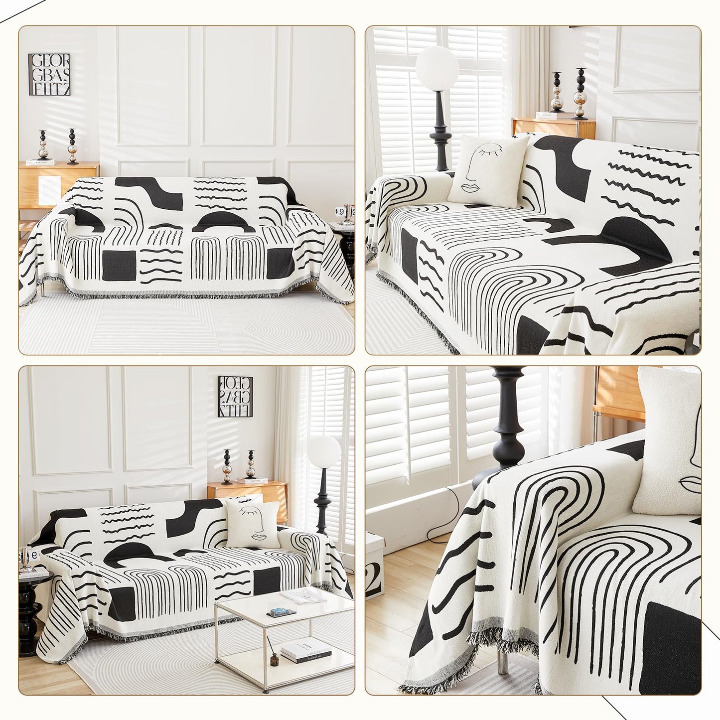 WEYOND Boho Chenille Couch Cover with Tassels, Bohemian Sofa Cover for 3 Cushion Couch, L-Shaped Sectional, Loveseat, 2/3/4 Seater (71" x 118", Black)