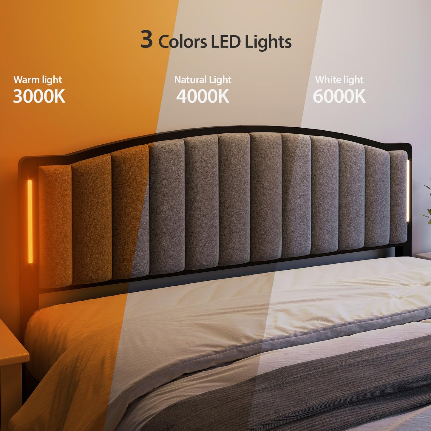 Salamir Headboard for Queen Size Bed with LED Lights, Upholstered Vertical Channel Tufting Head Boards, Linen Fabric Bed Headboard Only, Attach Frame, Ideal for Bedroom, Dorm, Guest Room, Grey