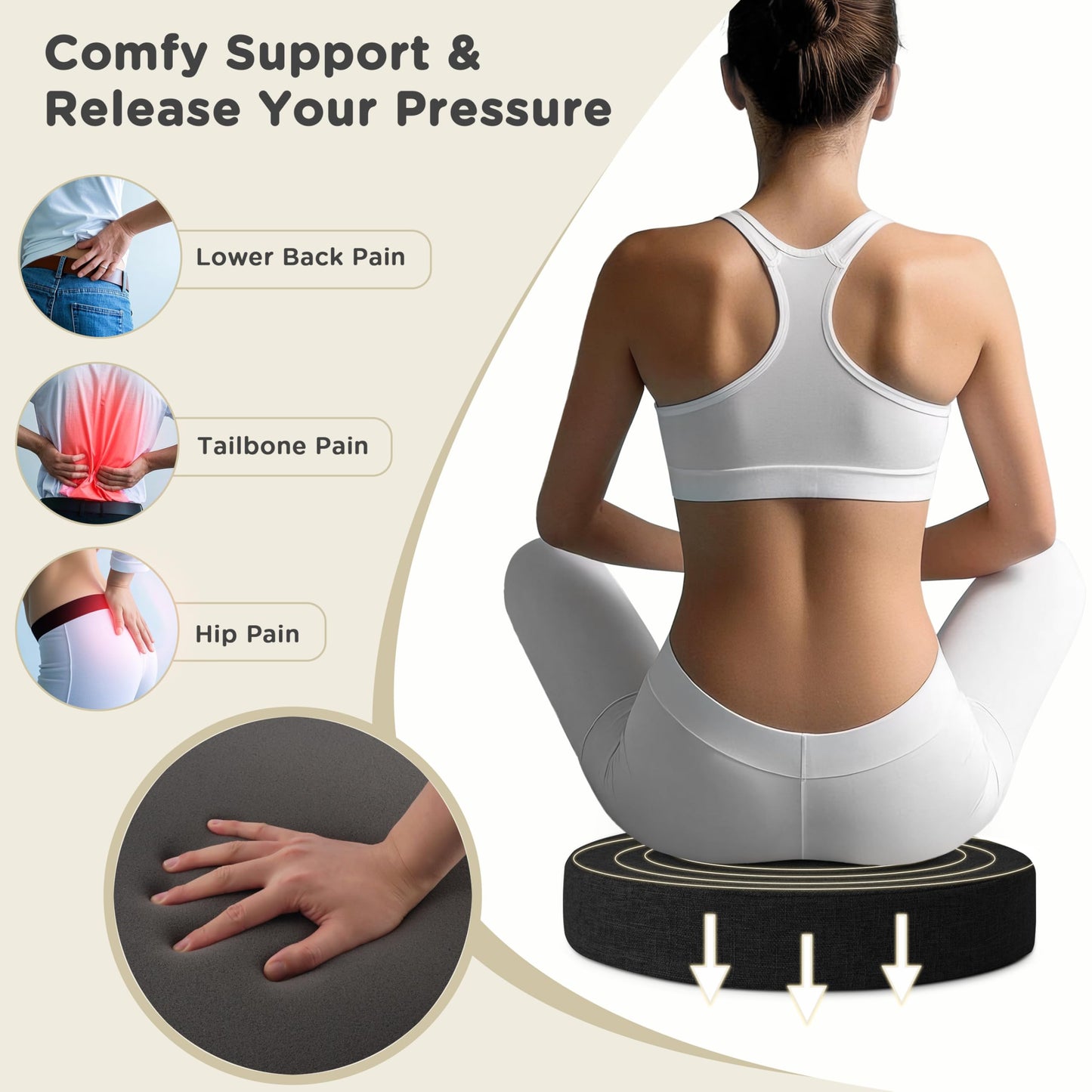 AddGrace 2.5" Thick Non Slip Round Chair Pad 1 Pack, 16" Round Chair Cushion with Machine-Washable Cover and Long Zipper, Seat Cushions for Kitchen, Office, Floor and 16" Ottoman, Black
