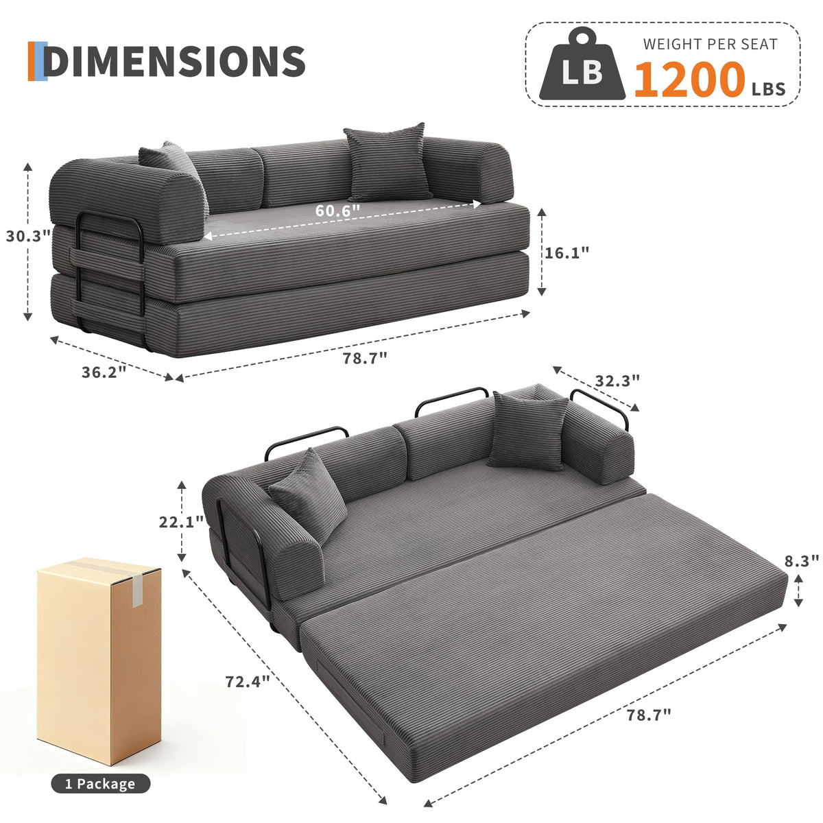 4 in 1 Convertible Sleeper Sofa Bed, 78.7" Boneless Corduroy Floor Couch with Pillows, Folding Futon Loveseat, Deep Seat Pull Out Sofa for Living Room, Apartment, Bedroom, No Assembly Required, Gray