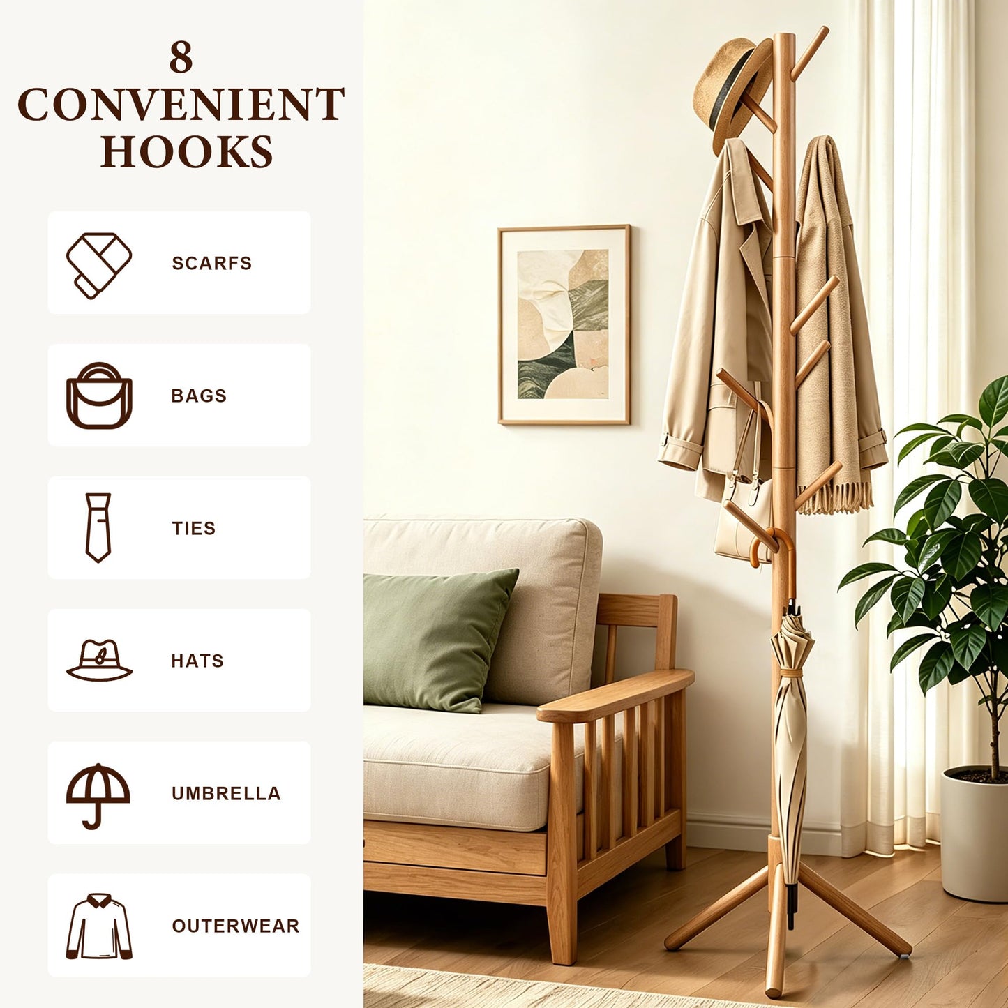 Freyawin Wooden Coat Rack Freestanding with 8 Hooks & 3 Adjustable Sizes for Clothes, Space-Saving Design for Bedroom Office Entrance Holds Hats Coats Scarves Bags