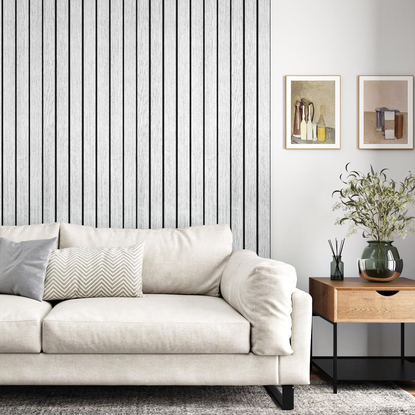 STICKEEP White/Grey Wood Slat Panels for Interior Wall Decor Self Adhesive Textured 3D Walls Paneling Soundproof Peel and Stick Wooden Slats Wall Panel for Bedroom Bathroom Living Room 118"x 23.6"