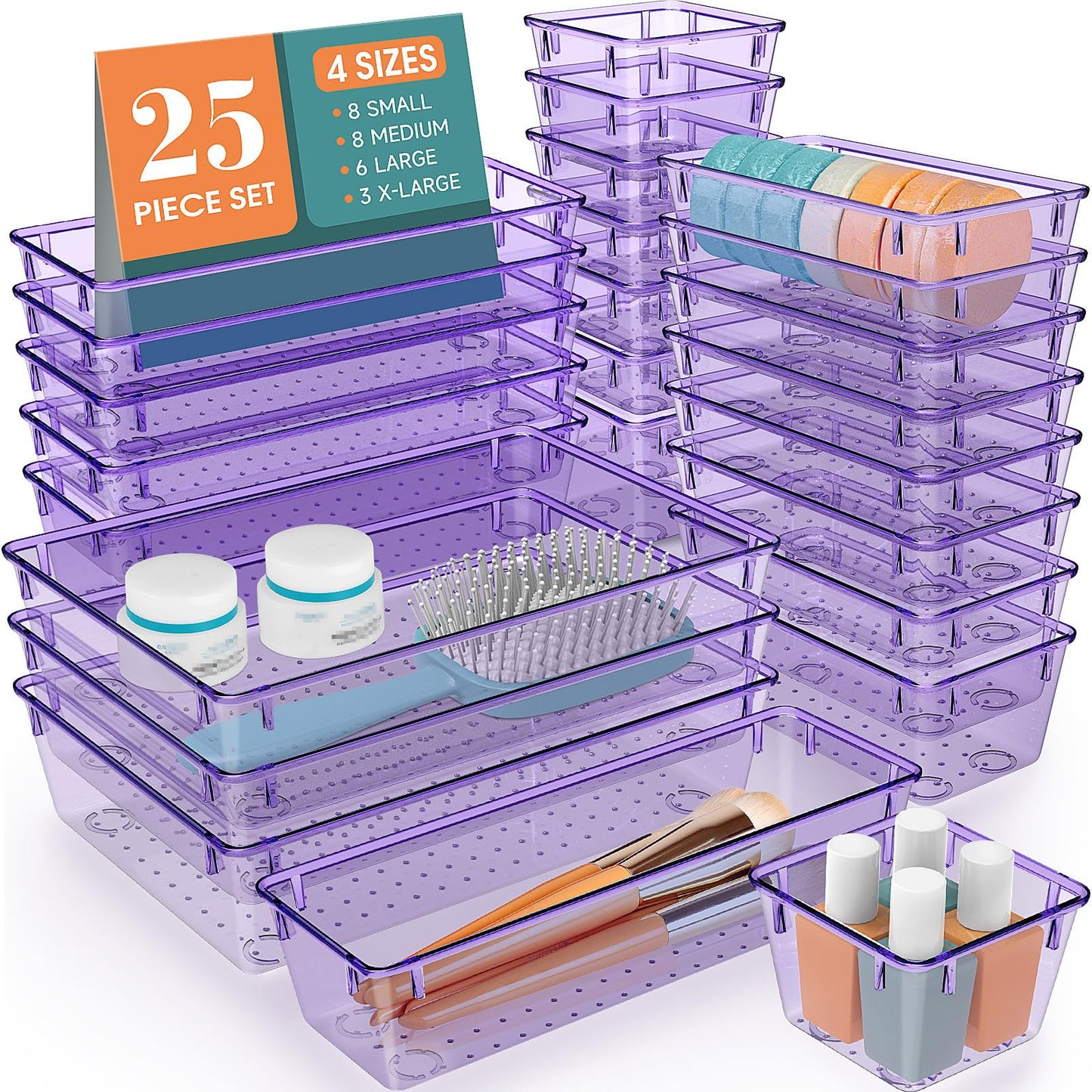 WOWBOX 25 PCS Plastic Drawer Organizer Set, Desk Drawer Divider Organizers and Storage Bins for Makeup, Jewelry, Gadgets for Kitchen, Bedroom, Bathroom, Office, Clear Purple