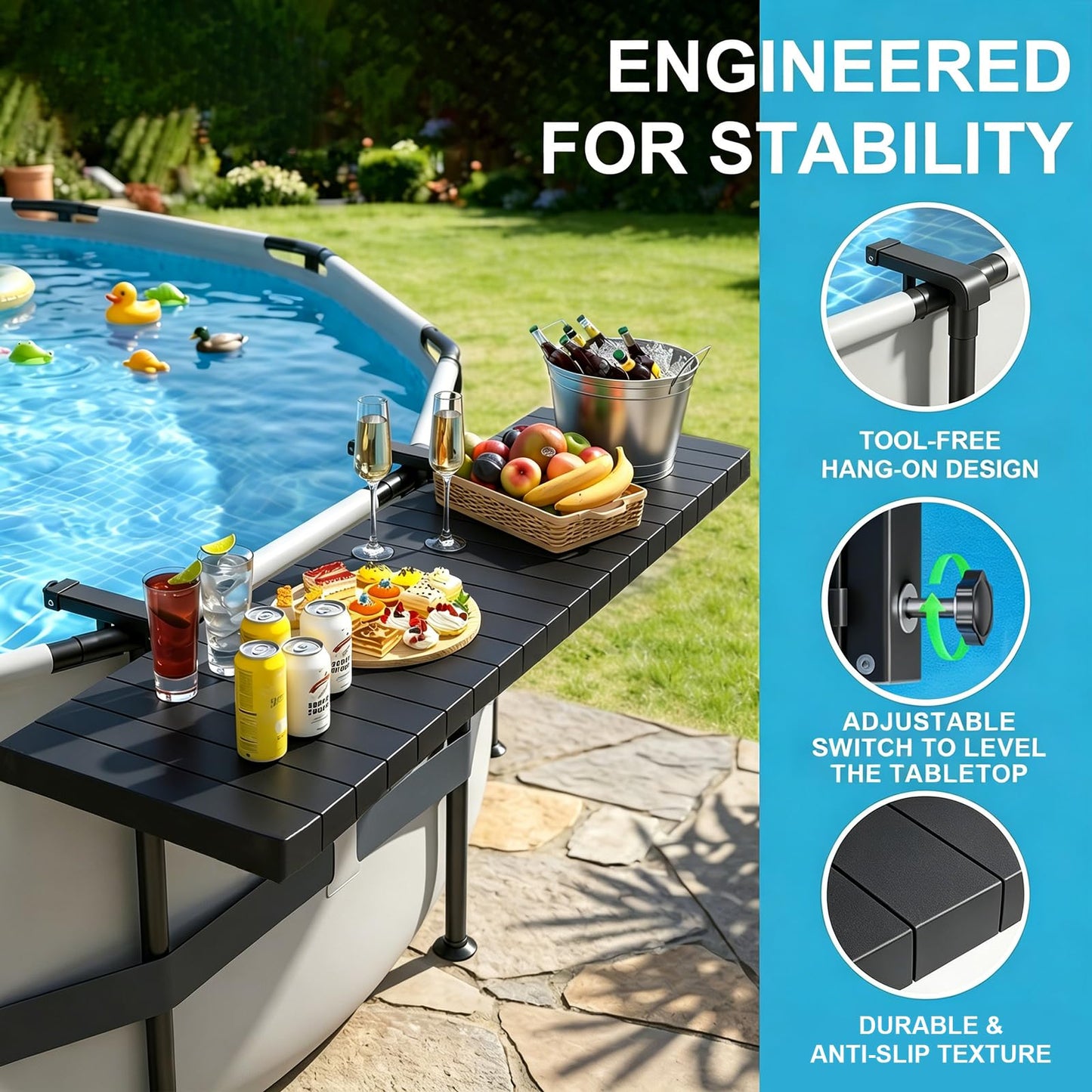 CHENG RONG Swim Up Bar Table for Above Ground Pools - 49.4"×9.6" Galvanized Iron Black Pool Shelf, Holds 110lbs, Fits Top Rails of 4.48" or Less, for Round/Oval/Frame Swimming Pools