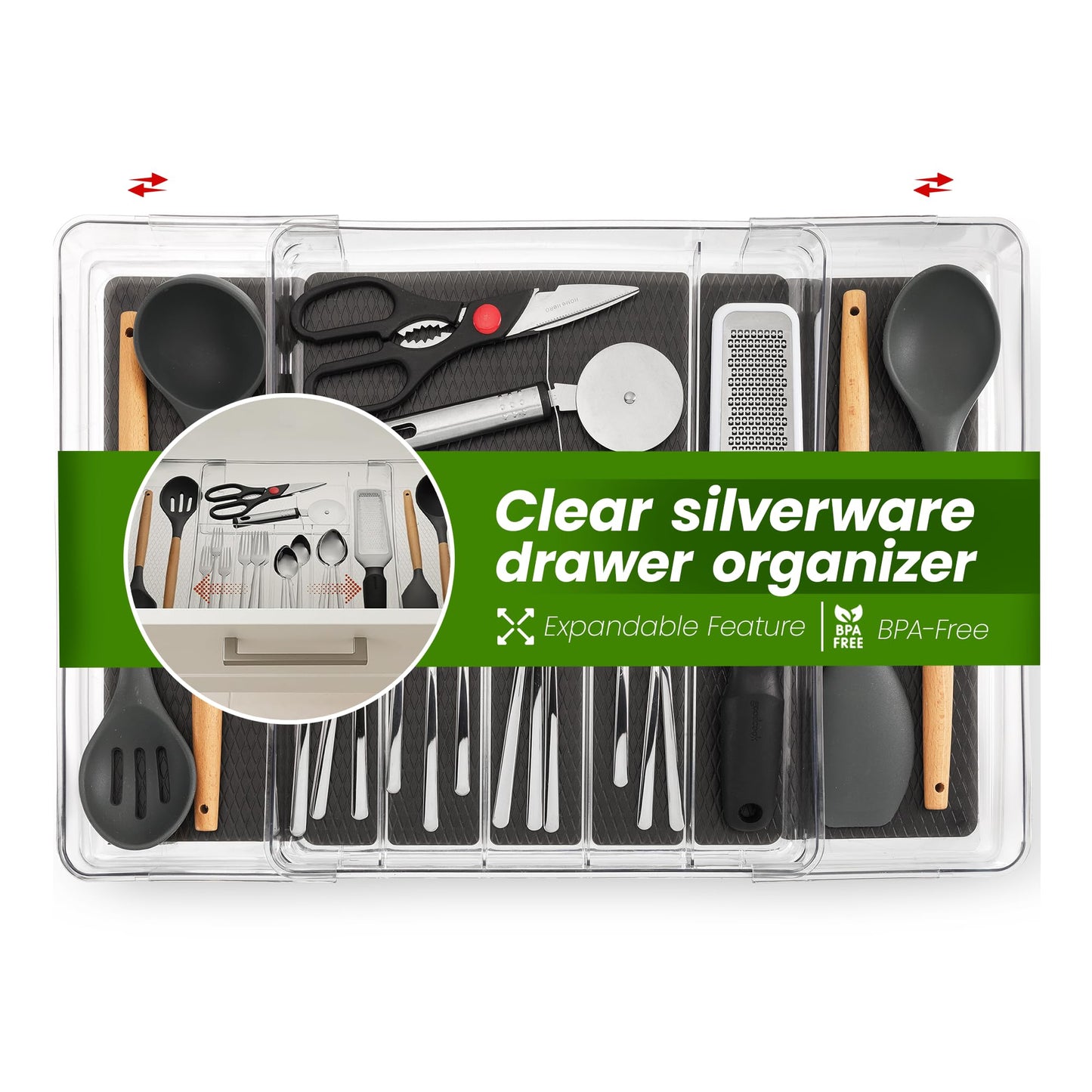 Masirs Expandable Utensil Drawer Organizer - BPA-Free Plastic Clear Silverware Tray with Multiple Compartments - Non-Slip Cutlery Storage for Kitchen, Bathroom, or Office Drawers (Black)