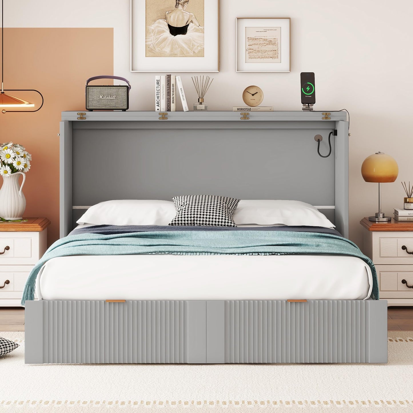 KOYVRY Murphy Bed Cabinet - Hidden Murphy Beds with Pulley Structure Design and Flexible Slats, Murphy Bed Dresser with 2 Drawers, 2 Storage Cabinets and Sockets & USB Ports (Gray, Full)