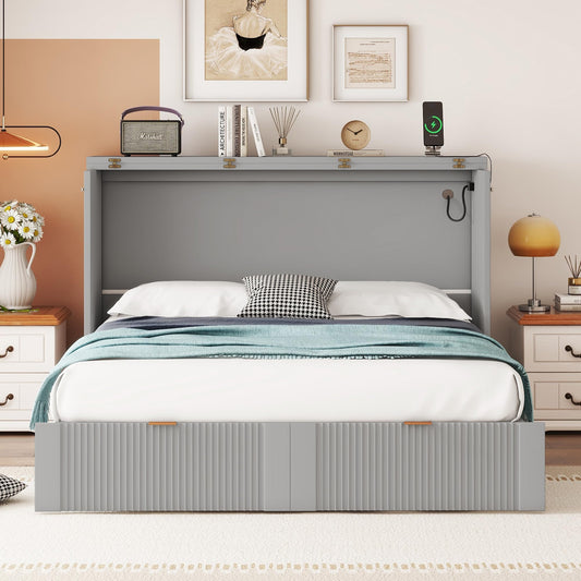 KOYVRY Murphy Bed Cabinet - Hidden Murphy Beds with Pulley Structure Design and Flexible Slats, Murphy Bed Dresser with 2 Drawers, 2 Storage Cabinets and Sockets & USB Ports (Gray, Full)