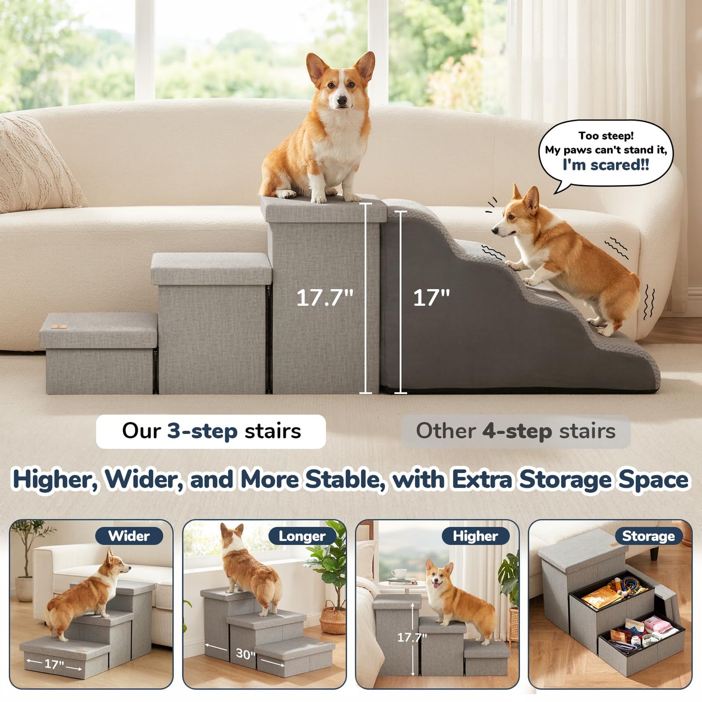 Fecuria 3-Step Wide Dog Stairs with Hidden Storage 18" H, Non-Slip Dog Steps for High Bed Couch Window Car, Jiont-Friendly Pet Stairs Ramp for Small/Medium/Large Old Dogs Cats Up to 220lbs, Grey