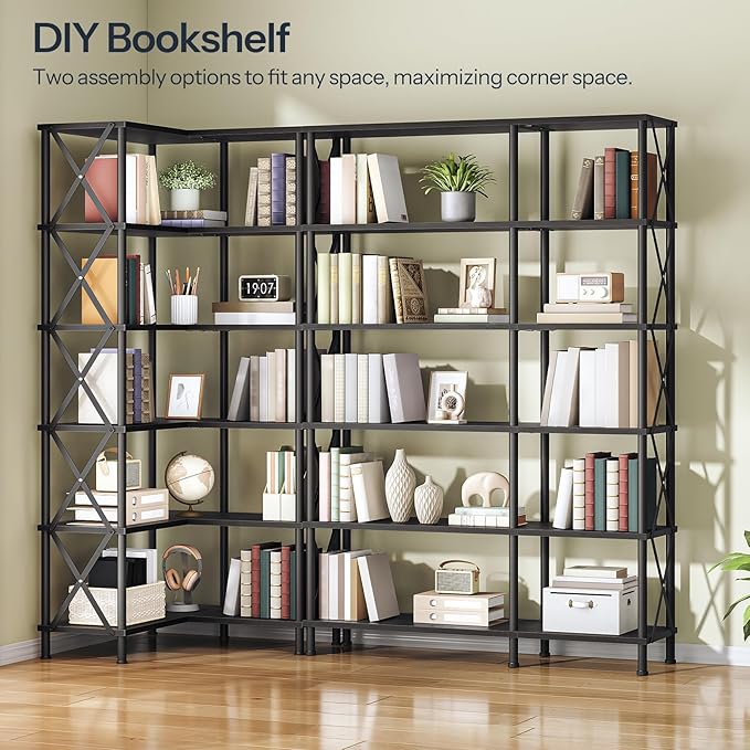 HOOBRO Corner Bookshelf, 6-Tier L-Shaped Bookcase, Industrial Open Display