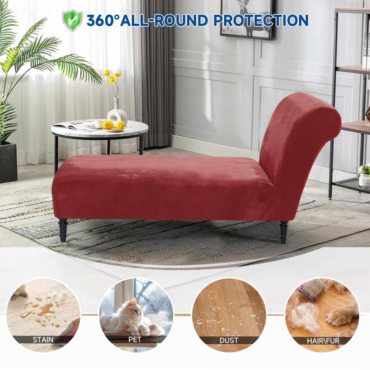 FondleFeeling Velvet Chaise Lounge Cover Indoor Armless Chaise Slipcover Luxury High Stretch Ultra Soft Lounge Chair Covers Modern Machine Washable Chair Cover for Living Room Bedroom Furniture, Red