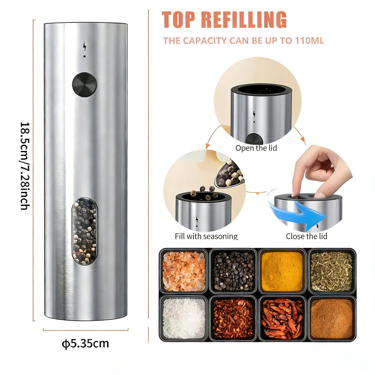Electric Salt and Pepper Grinder Set, Rechargeable Stainless Steel with USB-C Dual Charging Base, Upgraded Large Capacity, Adjustable Coarseness & Bright LED Light, Kitchen Essentials