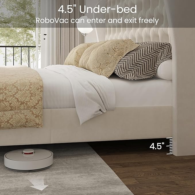 LARMACE Queen Size Bed Frame Velvet Upholstered Platform Bed