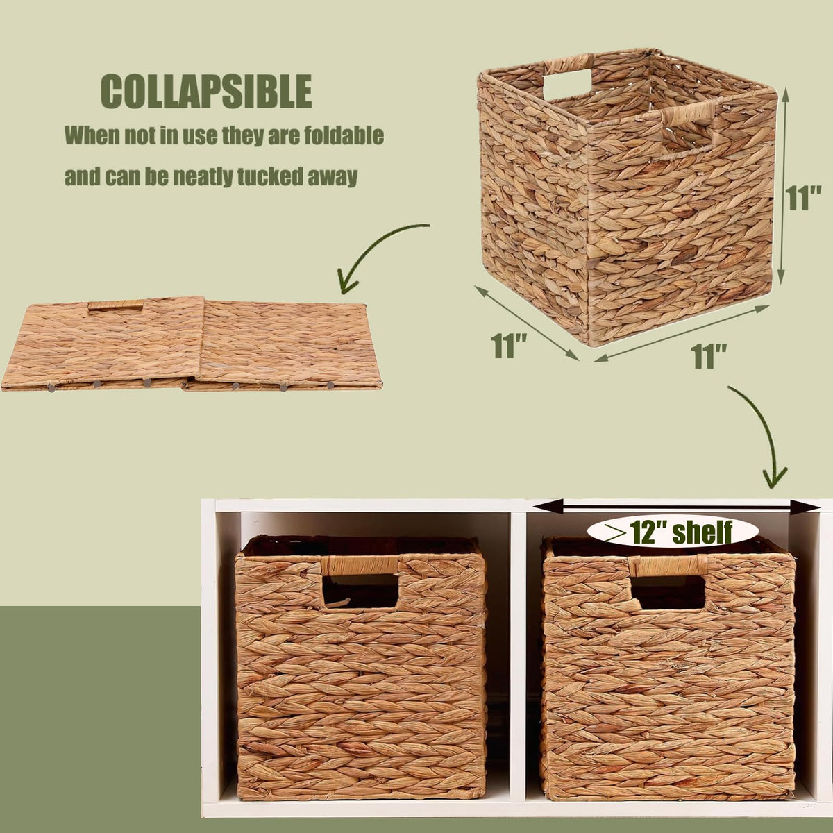 11x11in Storage Baskets 4 Pcs Square Baskets for Cube Shelf,Foldable Handwoven Water Hyacinth Storage Bins for Laundry Organizer