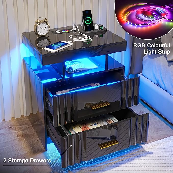 Nightstand with Wireless Charging Station, Smart Night Stand with 2 Drawers