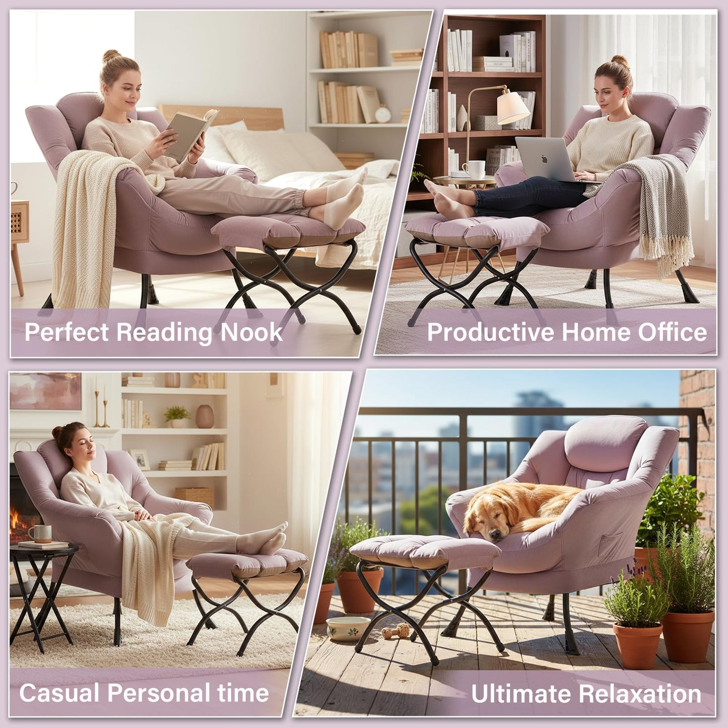 Givjoy Lazy Chair and Ottoman, Large Velvet Light Purple Accent Chair with Side Pocket, Modern Leisure Upholstered Reading Armchair with Footrest for Office, Bedroom, Living Room, Dorm Rooms, Balcony