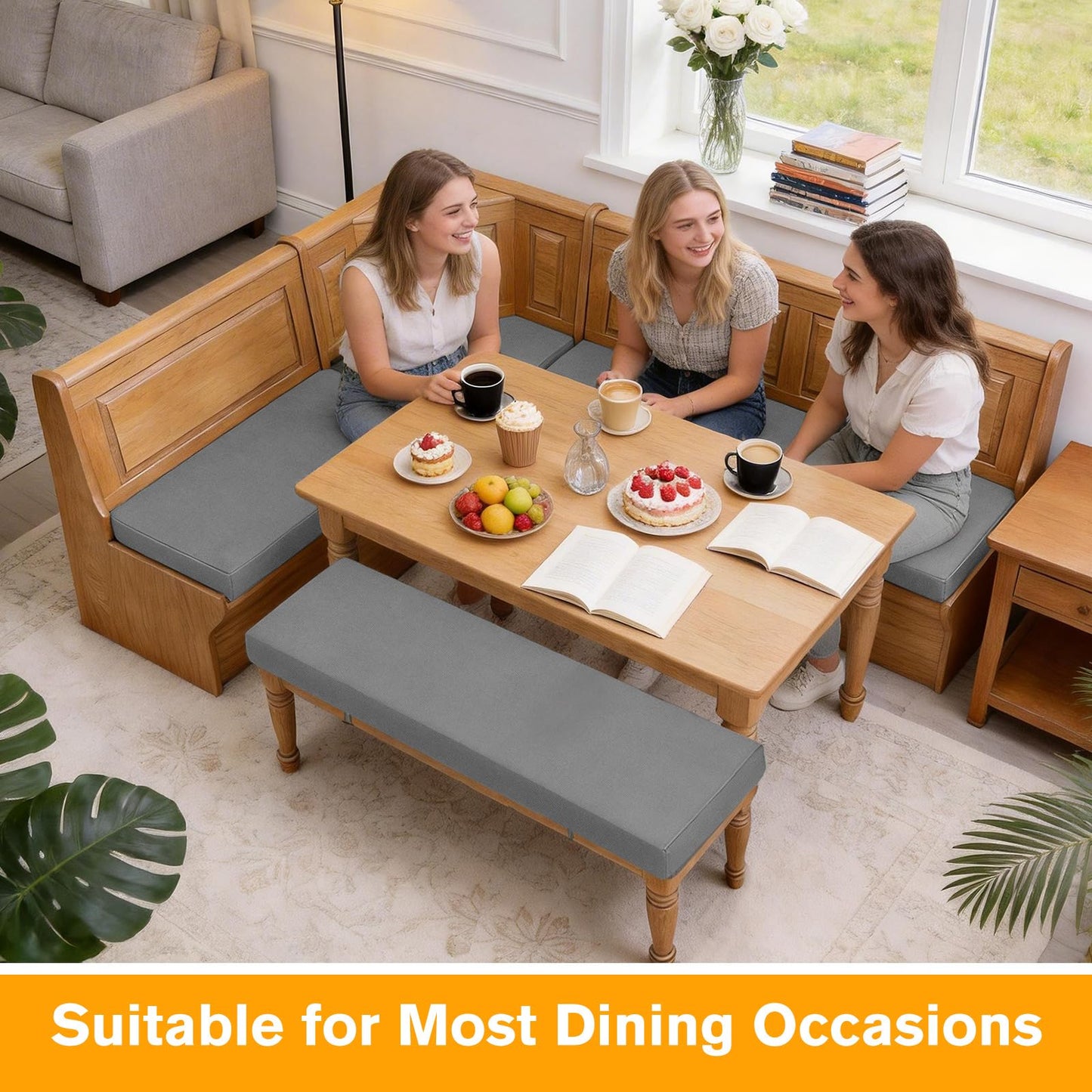 JZHLLA 4-Piece Breakfast Nook Cushion Set, Water-Resistant & Removable Covers Breakfast Dining Nook, High-Density Foam Includes Straps Fits Corner Bench & Dining Set (Grey)