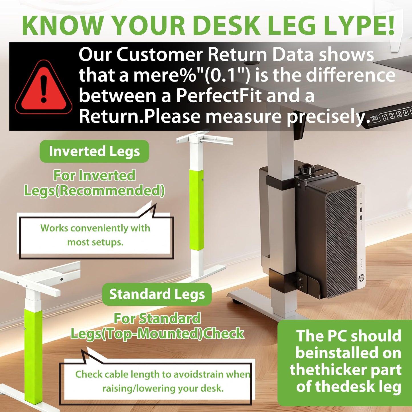 Under Desk PC Mount - No Drilling 44 Lb PC Holder Under Desk, PC Mount for Standing Desk Fits Only 2 9/16''×1 3/4'' Desk Legs, Black