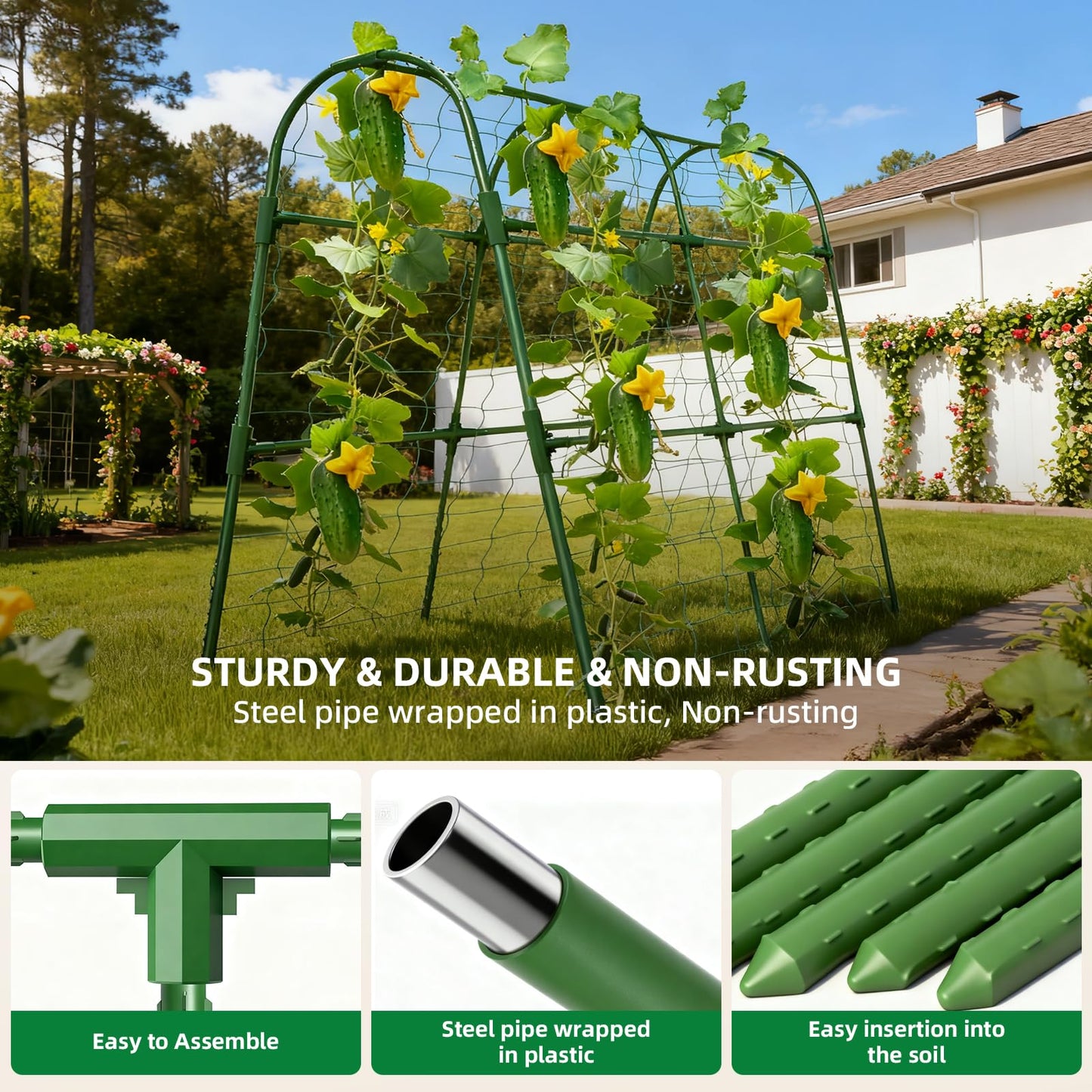 Laodier Cucumber Trellis for Raised Bed, U-Shape Garden Arch Metal Support for Climbing Plants, Metal Arch Plant Support Vegetables Trellis, Plant Support for Vine (Green, 31.5 * 30 * 47inch(L*W*H))