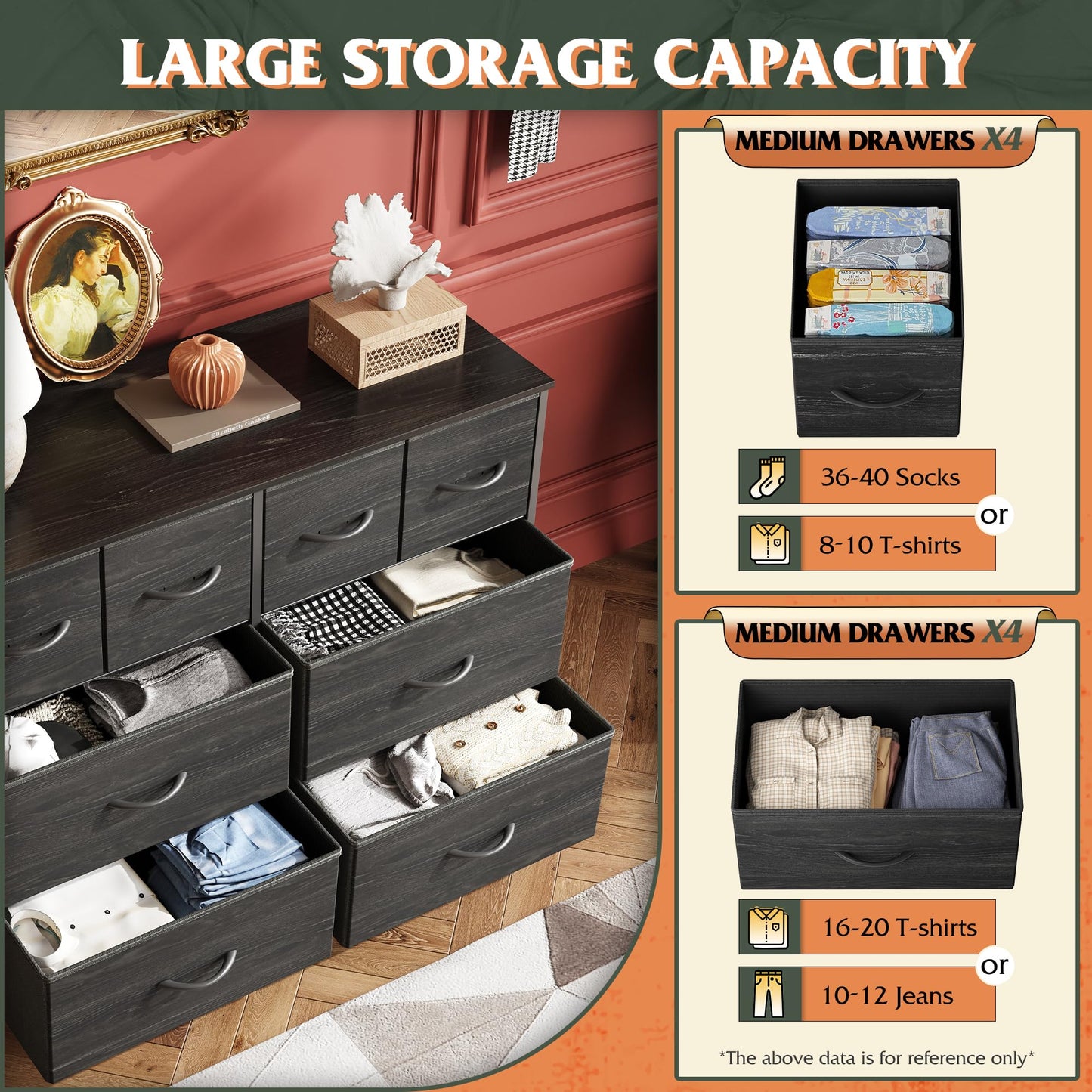 WLIVE Dresser for Bedroom with 8 Drawers, Wide Fabric Dresser for Storage and Organization, Bedroom Dressers, Chest of Drawers for Living Room, Closet, Hallway, Charcoal Black Wood Grain Print