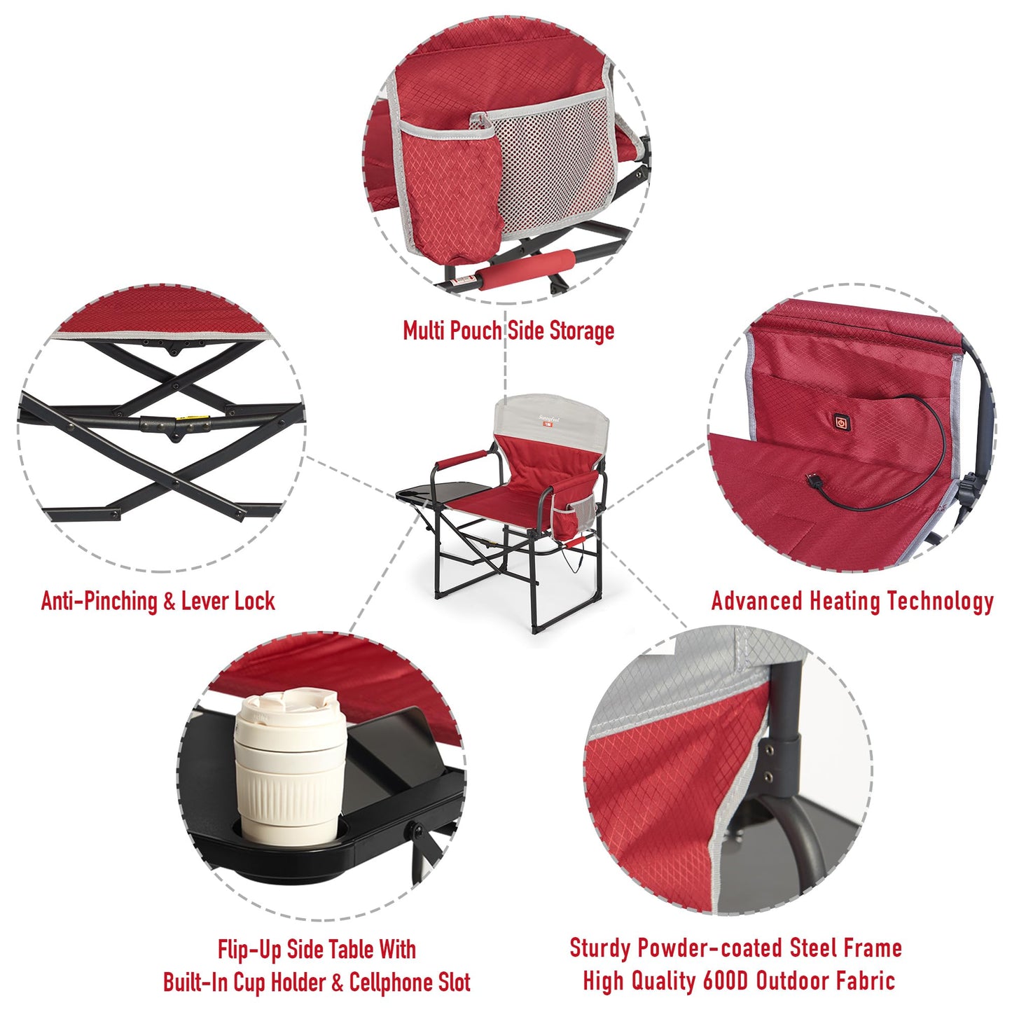 SUNNYFEEL Heated Camping Directors Chair, Heavy Duty,Oversized Portable Folding Chair with Side Table, Pocket for Beach, Fishing,Trip,Picnic,Lawn,Concert Outdoor Foldable Camp Chairs