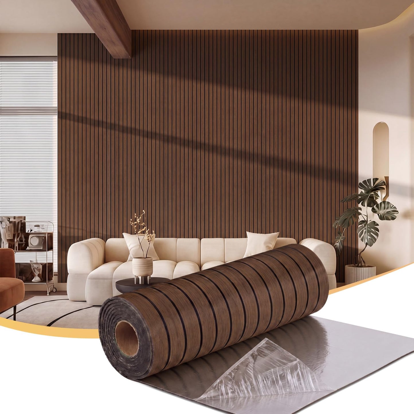 Geelin Peel and Stick PVC Wood Slat Wall Panel for Interior Decor 118" x 15.75" Self Adhesive Faux Wood Grain Wall Wallpaper 3D Soundproof Panels for Living Room Bedroom Office Ceiling(Walnut)