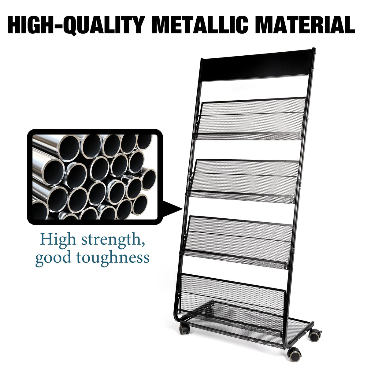 KIZECK Floor Magazine Rack Brochure Display Stand 4-Layer With Wheels And Top Billboard, Newspaper Literature Holder High-Hardness Metal For Office Exhibitions, Black (57.5''*25''*13.2'')
