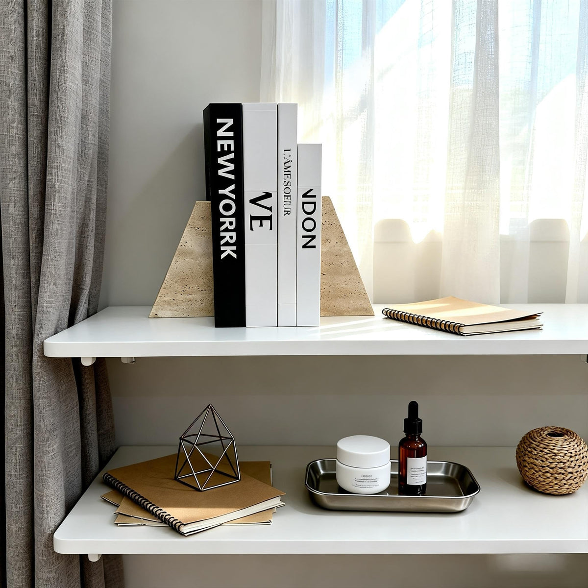 1 Piece Modern Travertine Bookend, Trapezoidal Design, Natural Stone Book Holders for Desk and Shelf (Trapezoidal - 1 piece)