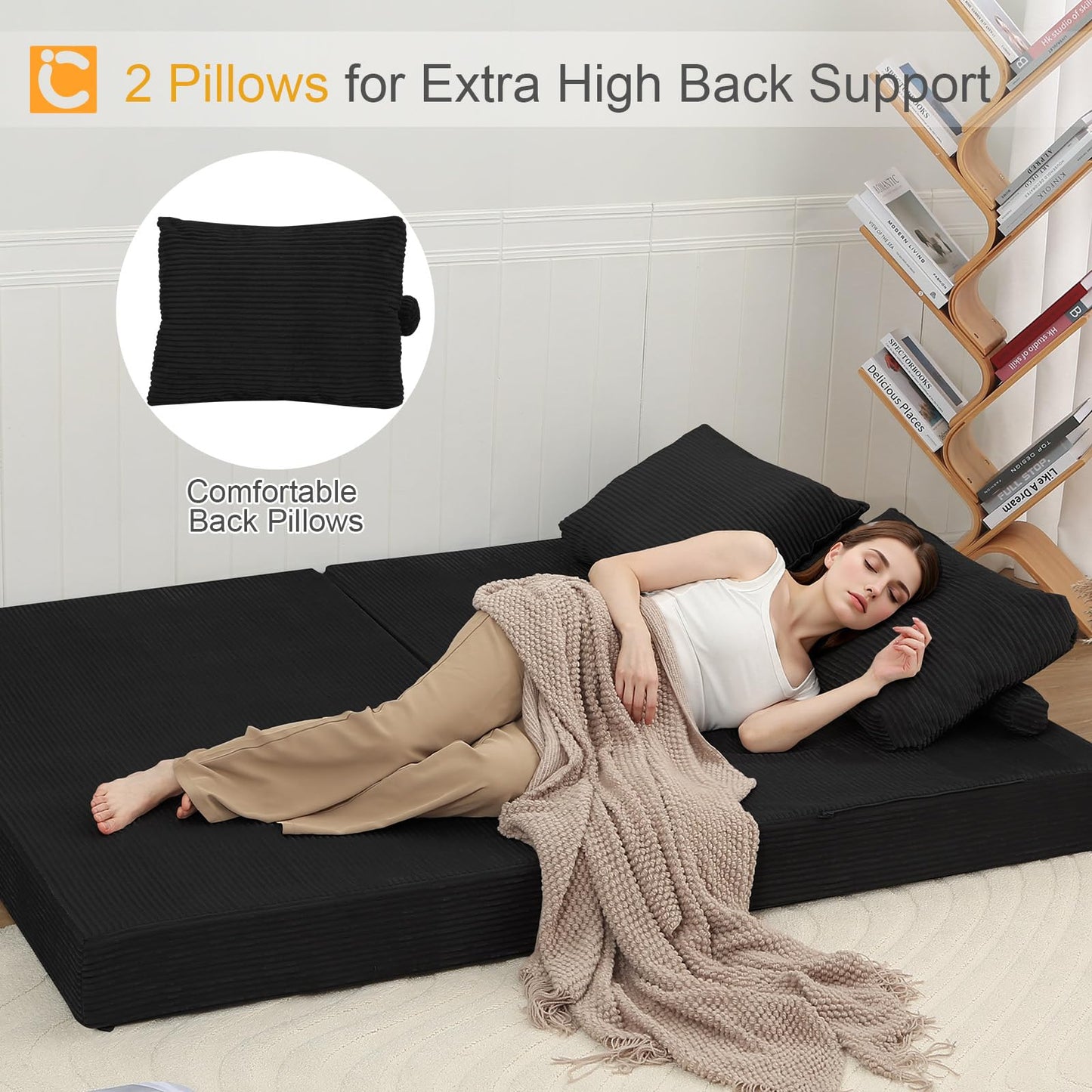 COMAX Futon Sofa Bed, Convertible Folding Sofa Bed, Boneless Couch Loveseat Corduroy with Pillows, Small Foldable Floor Couch Comfy Lounge Sleeper for Living Room Bedroom, Black