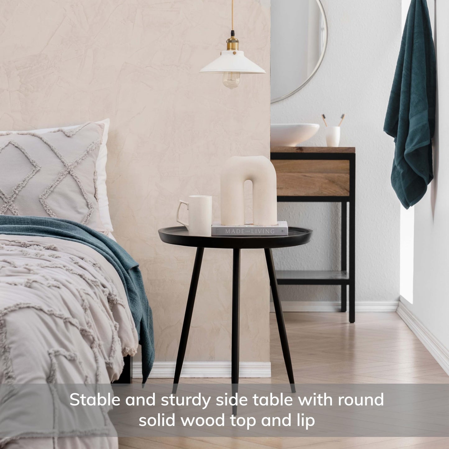 MH London Modern Side Table-Dilan Tri Pin End Table. Exclusively Designed Hand-Crafted Small Nightstand. Solid Wood Round End Table.Contemporary Accent Table for Bedrooms, Living Rooms and Home Office