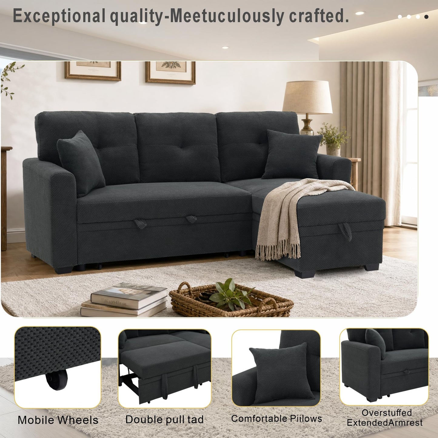 WuerQi 71" Sofa Bed with Queen Size Pull Out Couch, Sectional Sleeper Sofa with Reversible Storage Chaise, L Shaped Couch for Living Room, Apartment and Small Spaces (Dark Gray-L Shaped)