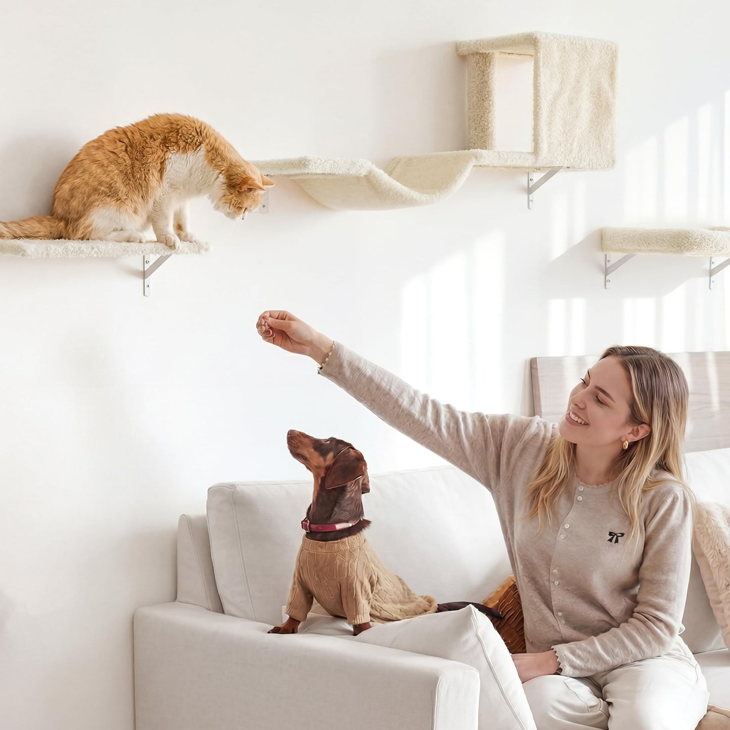 FUKUMARU Cat Wall Shelves, Stable & Safe 4 in 1 Cat Walls Furniture Set, Wooden Kitten Climbing Wall with Scratching Post for 16 Inch Drywall - Beige