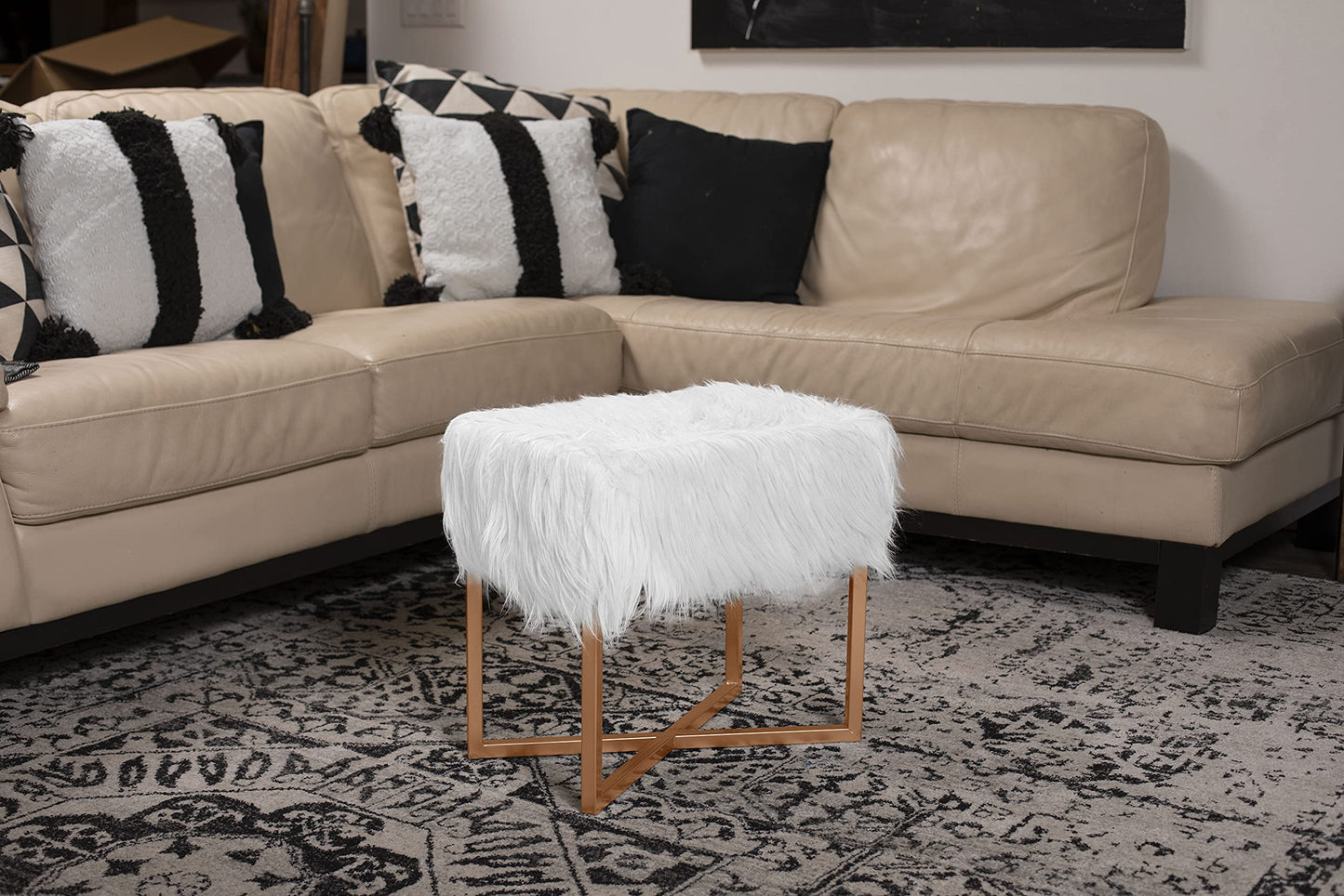 BIRDROCK HOME Rectangular Faux Fur Vanity Foot Stool Ottoman with Metal Legs - Small Soft Padded and Fluffy Makeup Seat or Foot Rest for Bedroom, Desk, or Dressing Table (White and Pale Gold)