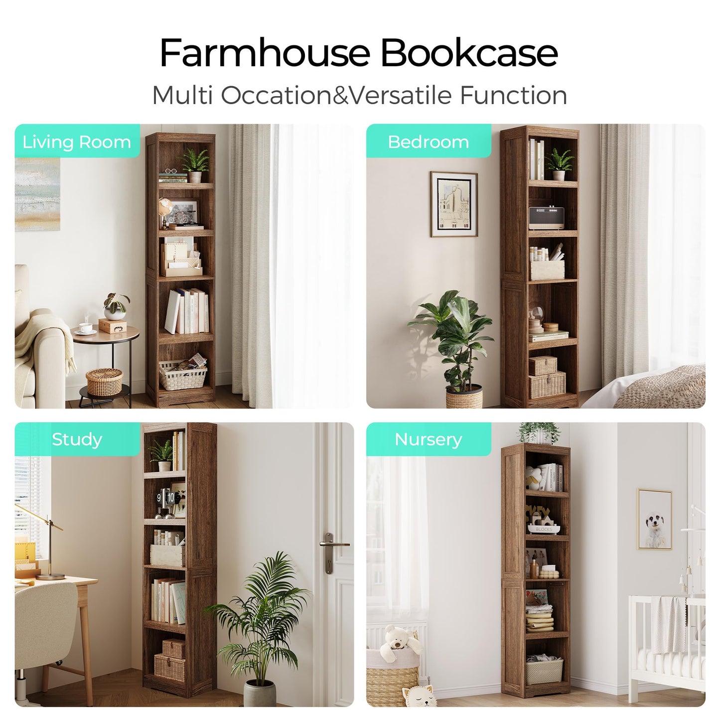 LINSY HOME 5-Shelf Bookcase, Narrow Bookshelves Floor Standing Display Storage Shelves 68 in Tall Bookcase Home Decor Furniture for Home Office, Living Room, Bed Room - Dark Brown