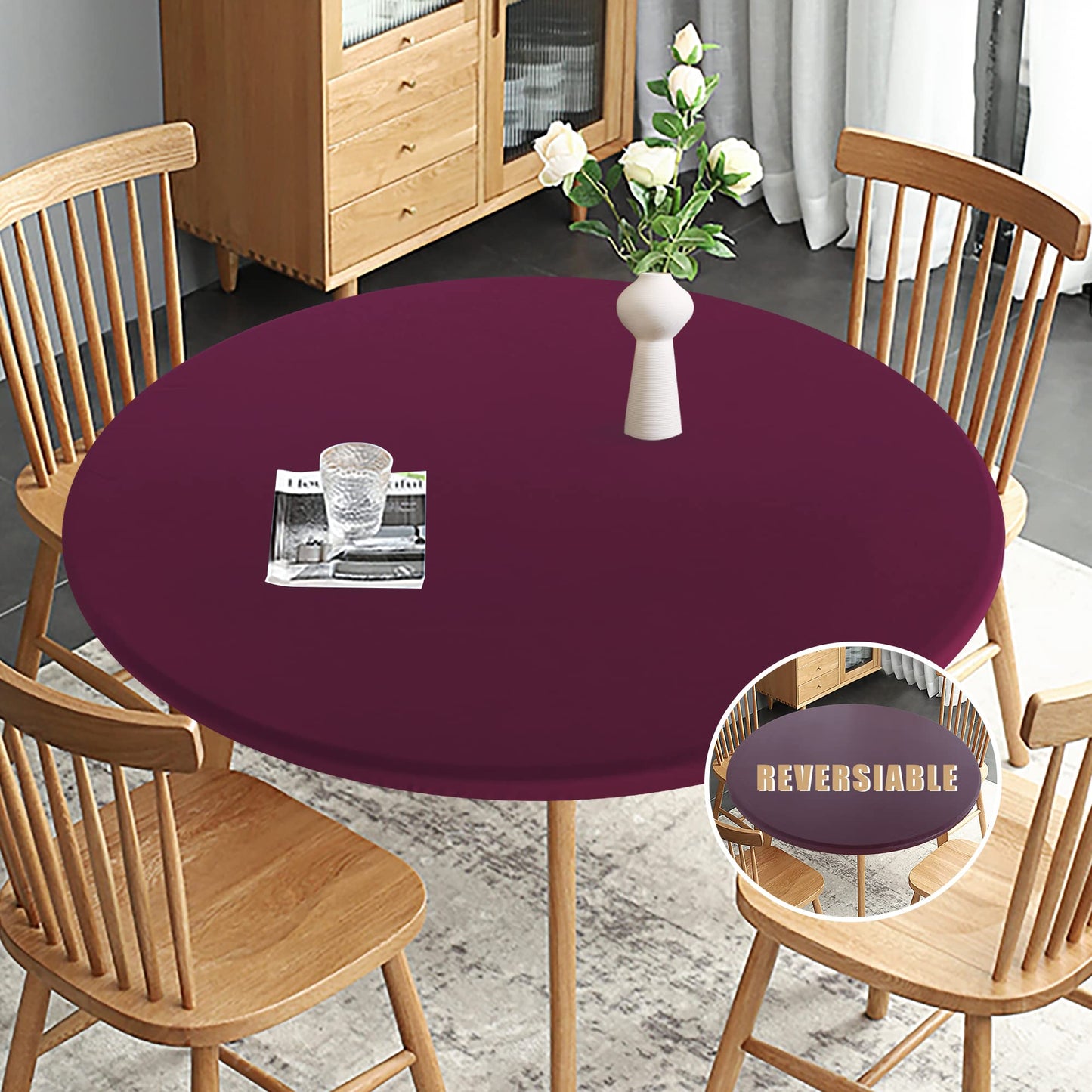 Obstal Fitted Round Table Cloth, Reversible Waterproof Stain Resistant Elastic Stretch Tablecloth, Wipe Clean Table Cover for Outdoor/Indoor Use, Fits Round Tables up to 40" - 44" Diameter, Burgundy