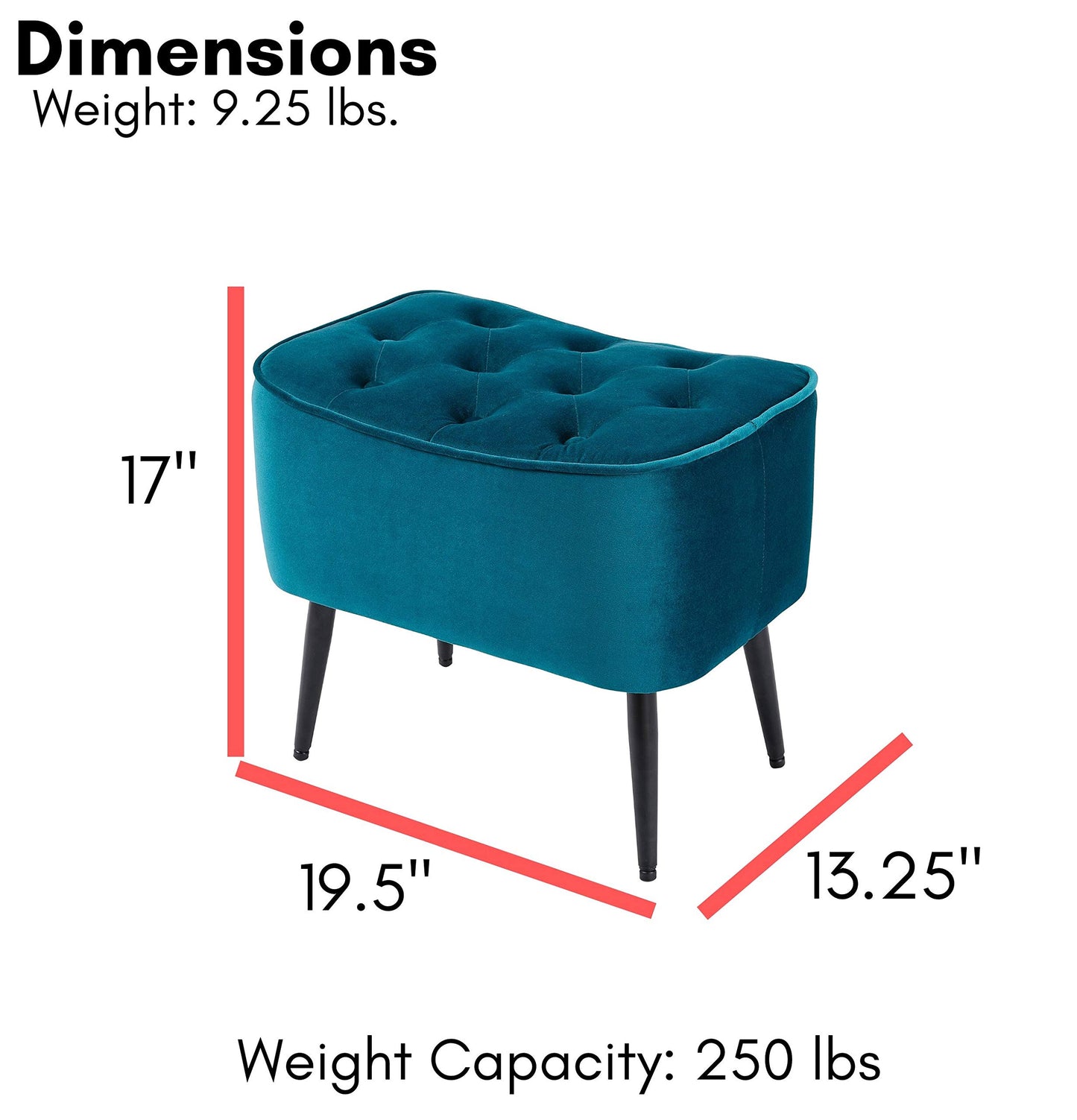 BIRDROCK HOME Tufted Curve Ottoman Velvet Foot Stool - Modern Upholstered Padded Footrest for Living Room or Bedroom - Small Cushioned Accent Chair for Couch, Sofa, or Lofted Seating (Teal)