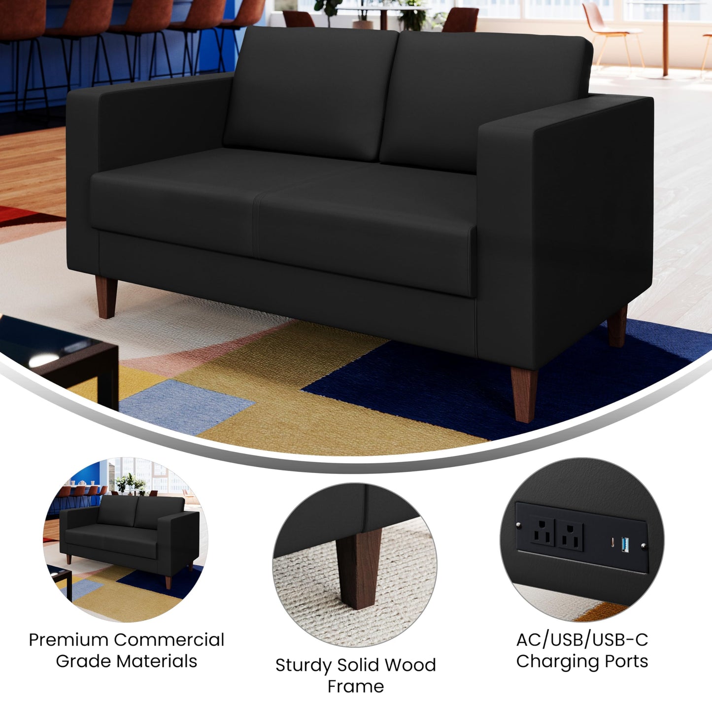 Flash Furniture Hercules Artemis Commercial Loveseat for Reception and Lobby Use with Solid Wood Legs, 2 Outlets, 1 USB, and 1 USB-C Ports, Black LeatherSoft