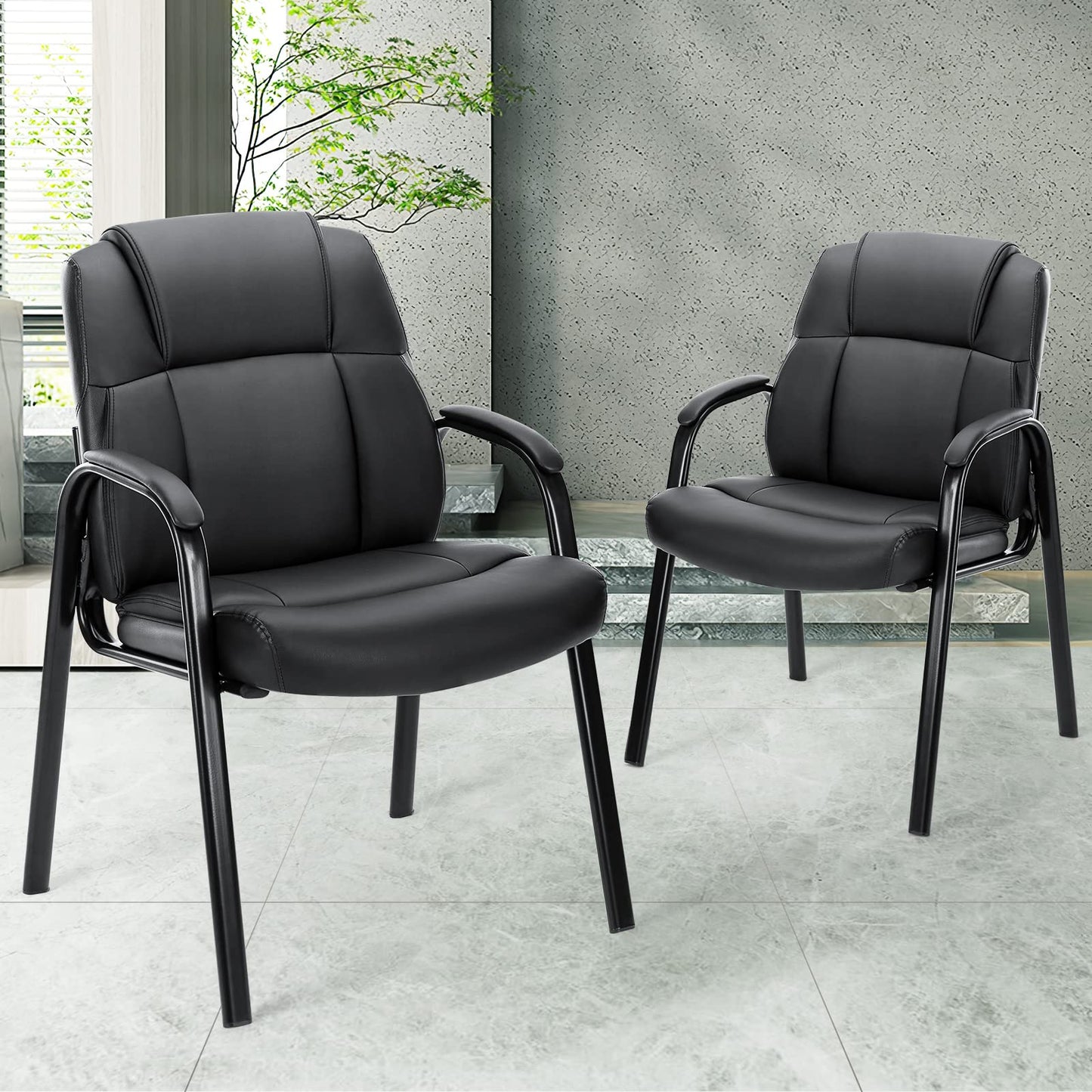 Office Chair - Guest Reception Chair Set of 2, Desk Chair No Wheels PU Leather Meeting and Waiting Room Accent Chairs Executive Chair with Lumbar Support and Padded Armrest, Black