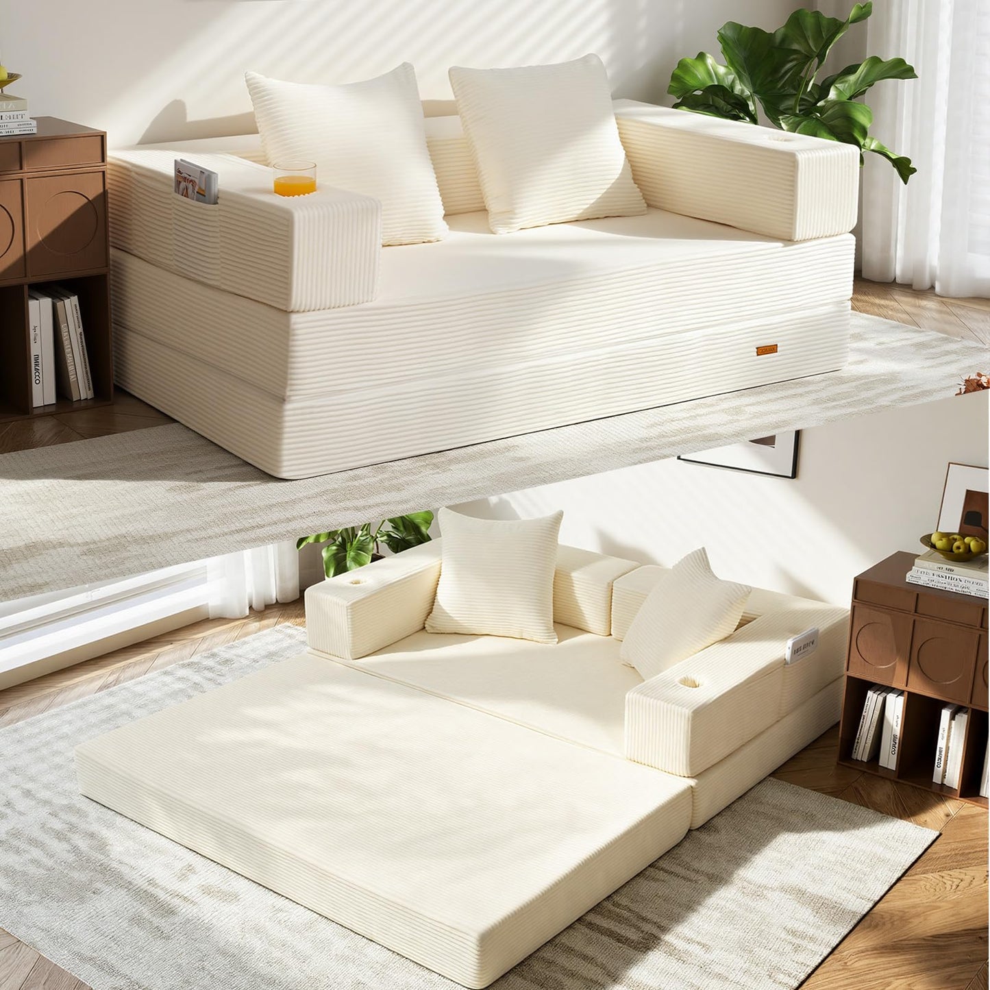 COMAX Futon Sofa Bed, 4‑in‑1 Convertible Sofa Bed, Folding Boneless Couches for Living Room, Fold Out Small Foldable Loveseat Floor Sleeper Comfy Mattress Lounge Space‑Saving, Beige