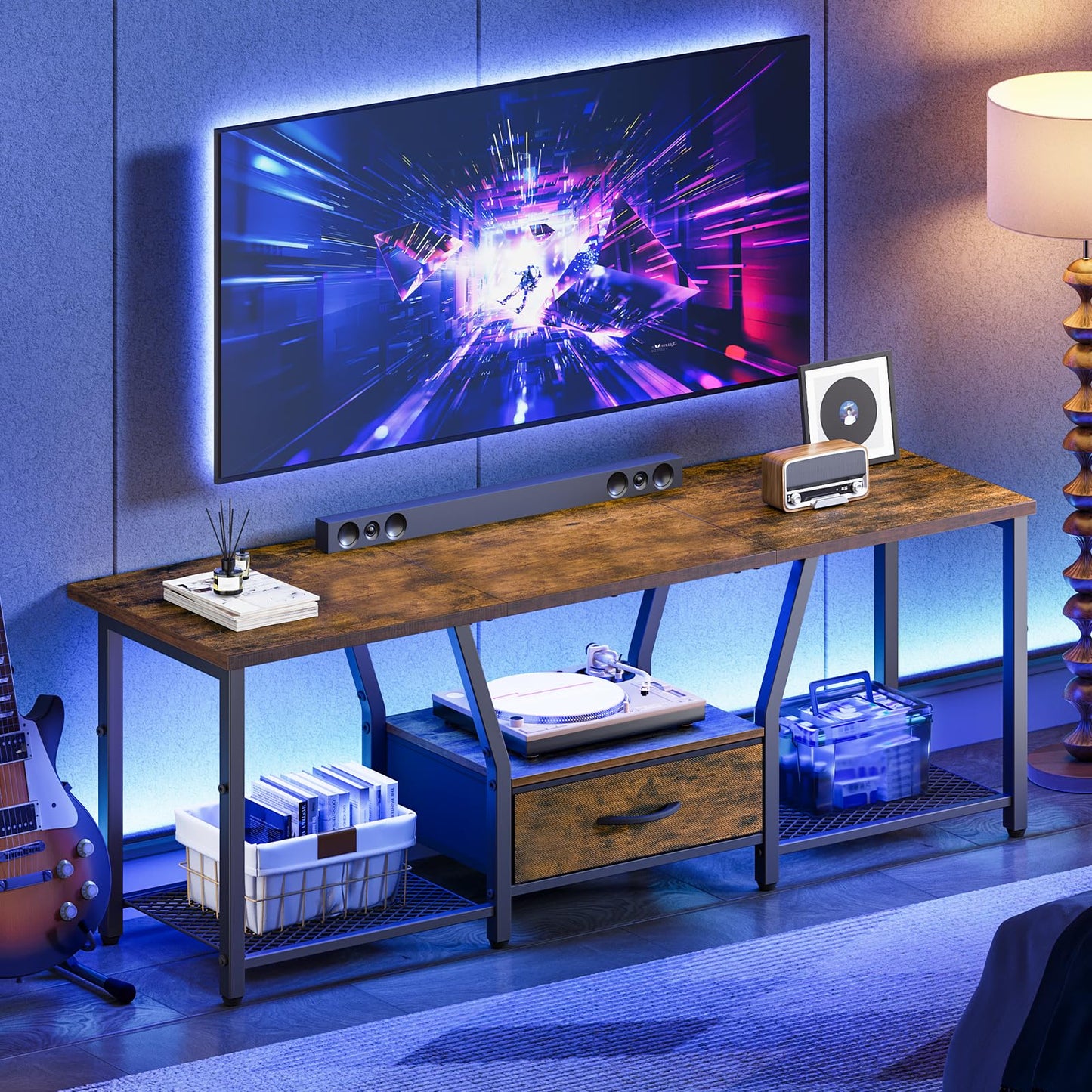 RALGEND TV Stand with LED Lights, for TVs up to 55 Inches, 47" Entertainment Center with Fabric Drawer & Soundbar Shelf, Media Console Table for Living Room, Bedroom, Rustic Brown and Black 1201DSDBB