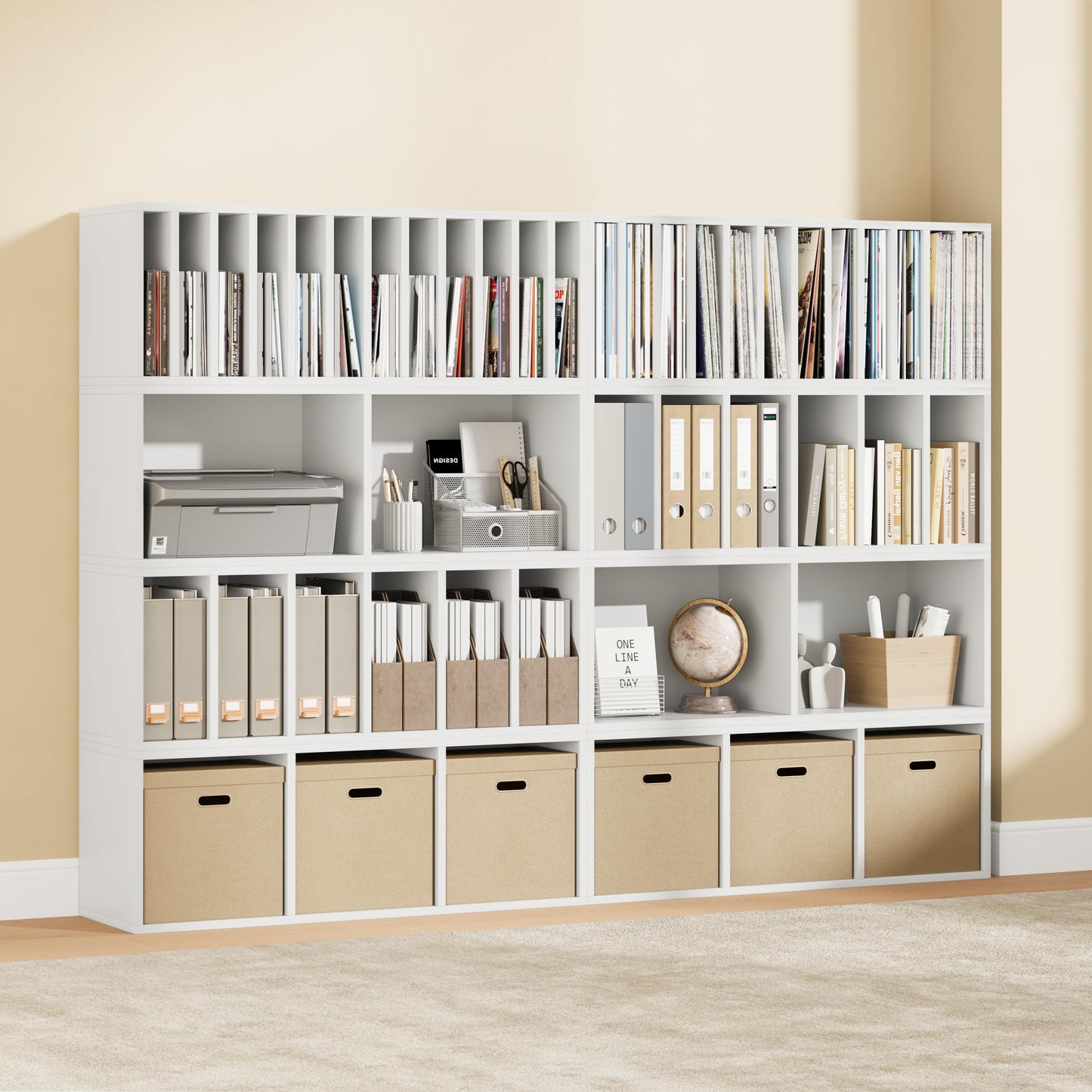 IOTXY DIY Modular Cube Bookcase - CubeXY Customizable Stackable Expandable Combination Set, 23-Cube Open Bookshelf for Books, Fabric Storage Bin, and 7/10-inch Vinyl Record Organizer, White