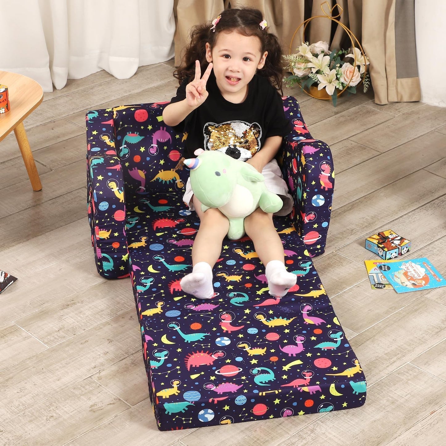 MOMCAYWEX Kids Sofa, 2-in-1 Flip-Out Foam Couch, Foldable Soft Play Lounge Chair, Purple