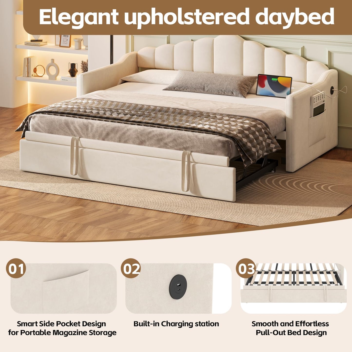 Twin Size Upholstered Daybed with Pop up Trundle,Velvet Day Bed Frame with USB and Side Pockets,Twin to King Daybed, Tufted Sofa Bed for Bedroom,Living Room,Guest,Beige