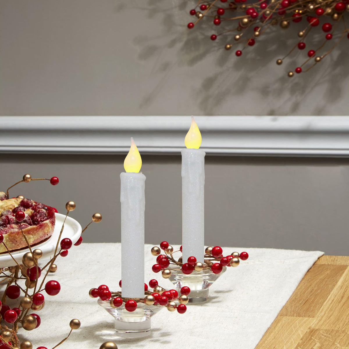 CVHOMEDECO. Glitter Flameless Candles Flickering Battery Operated LED Taper Candles with Timer for Home, Wedding, Halloween, Christmas Decor. Glitter White, 6-3/4 Inch, Set of 2