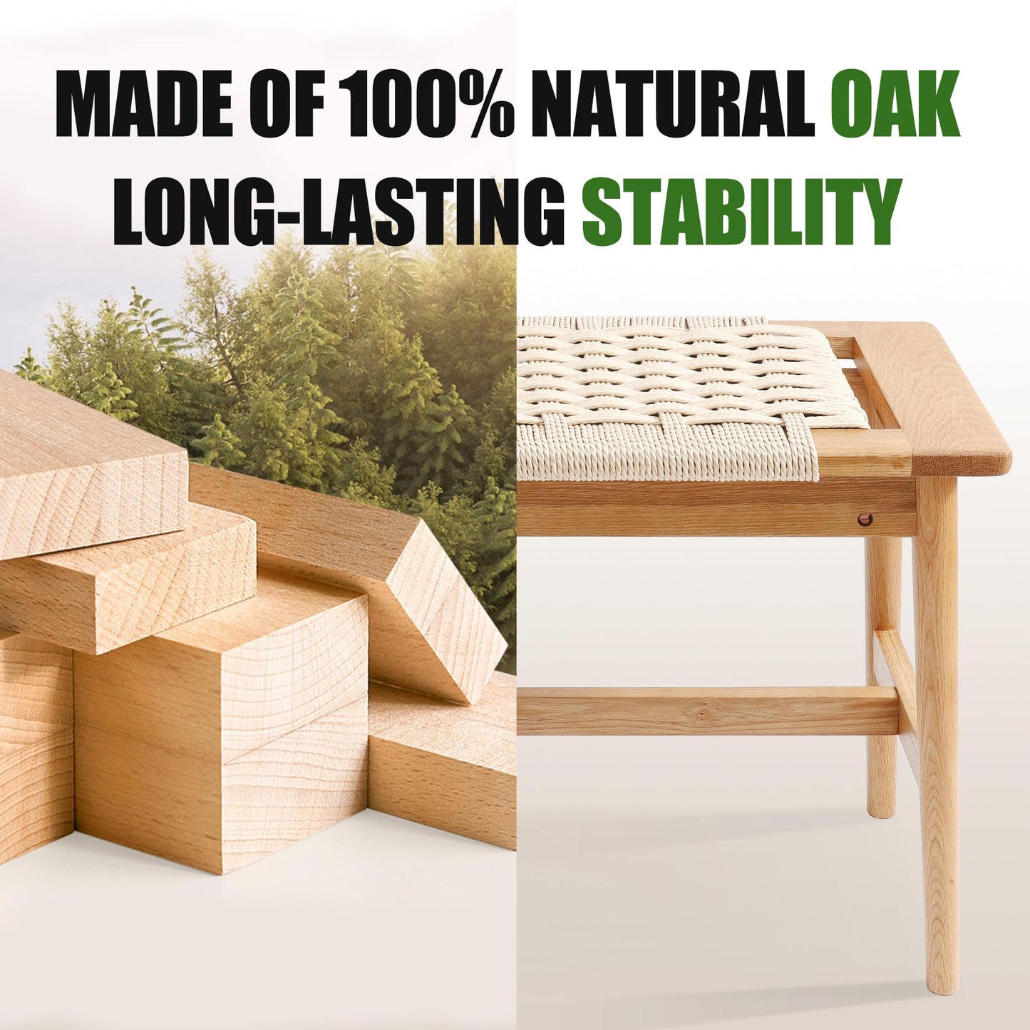 OGMILL 33.5" L Wood Dining Bench Indoor, 100% Natural Solid Oak Bed Bench Hand Woven Enterway Bench Small Bench for Dining Room, Bedroom, Kitchen (Creamy White)