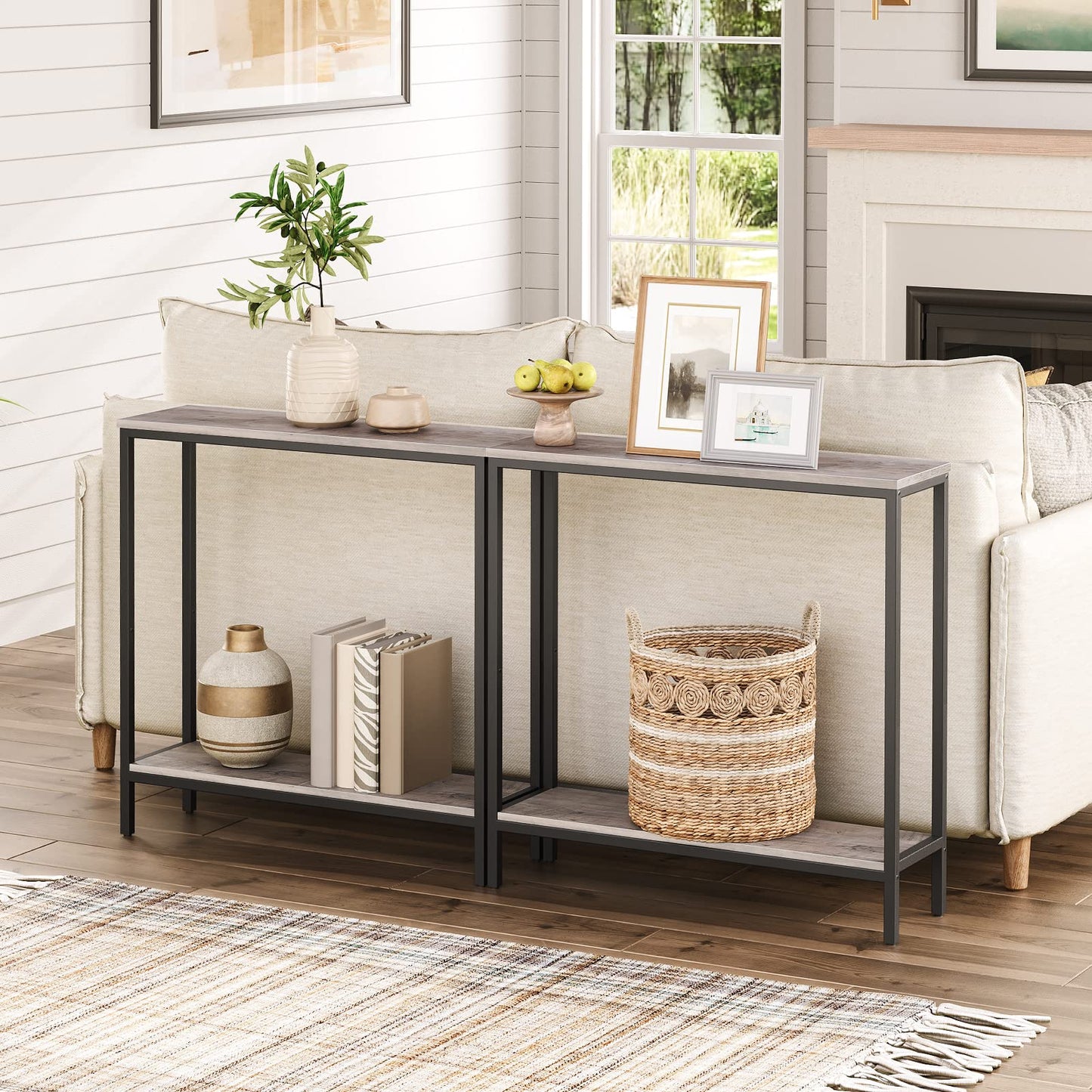 HOOBRO 29.5" L Narrow Console Table, Sofa Table Behind Couch with 2-Tier Storage Display Shelves, 8.7" D Small Entryway Table for Hallway, Foyer, Living Room, Bedroom, Greige and Black BG22XG01